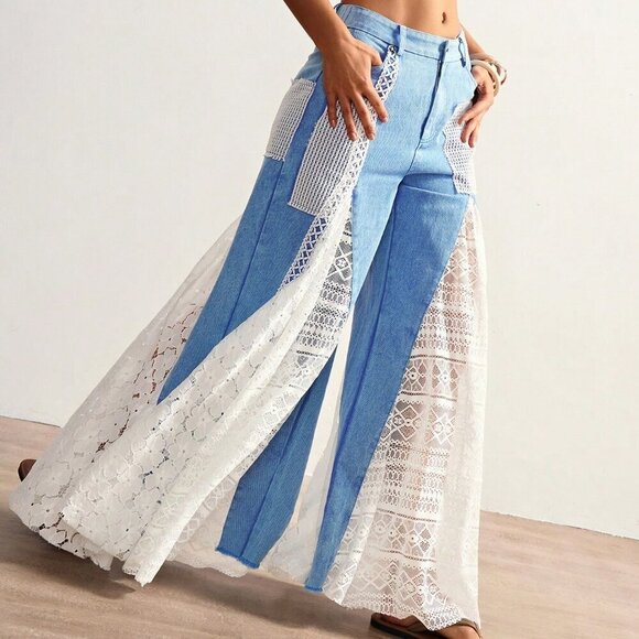 Blue And White Casual Women's Bohemian Style Mixed High Waist Bell Bottom Pants - Picture 4 of 7